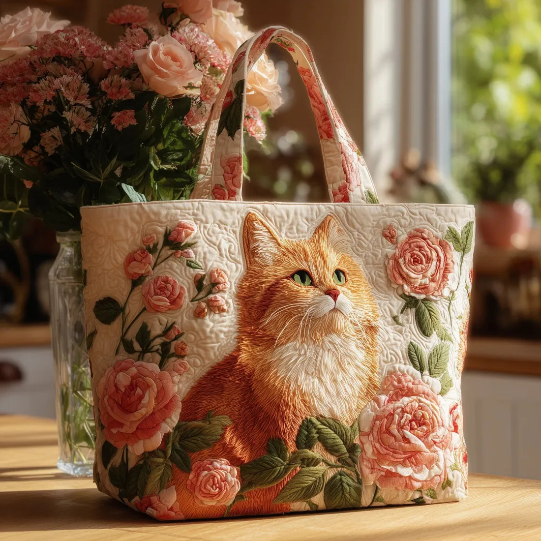 Borsa Artigianale gatto rosso e rose – Idea Regalo