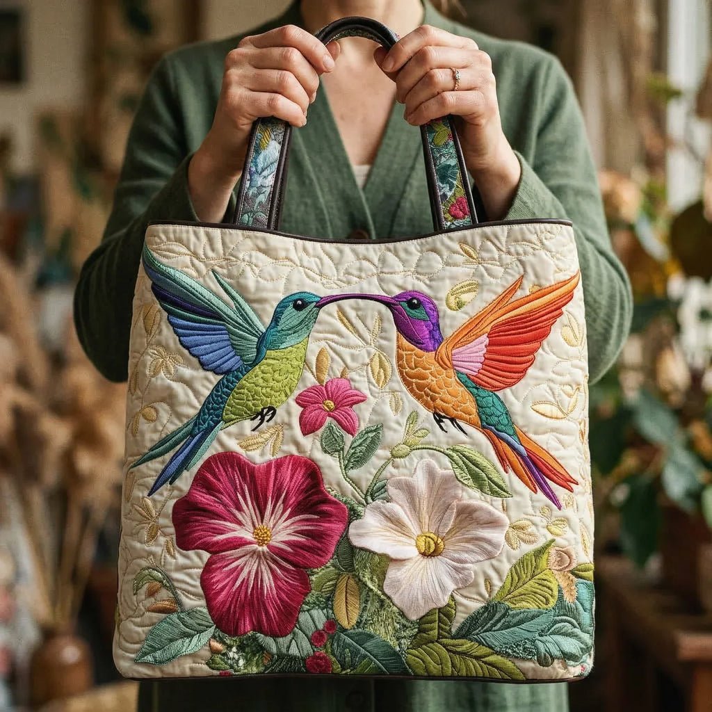 Borsa Floreale Trapuntata colibrì e fiori bianchi – Due Misure
