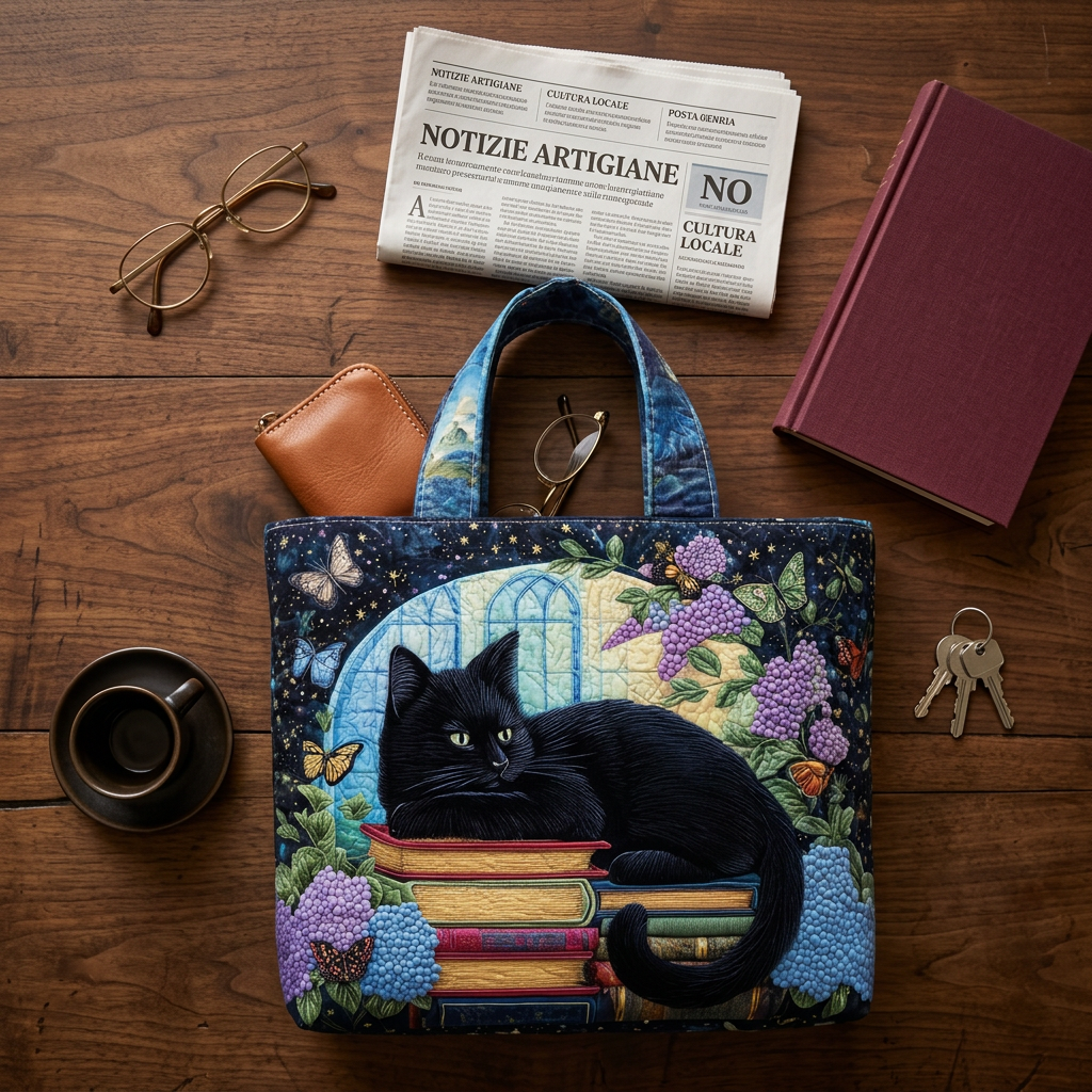 Borsa Artigianale gatto nero sui libri – Idea Regalo