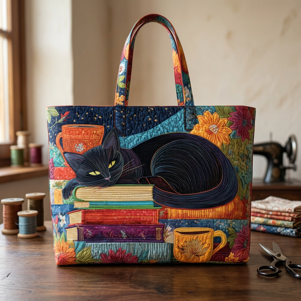 Borsa Donna con gatto nero, libri e tazze – Due Misure