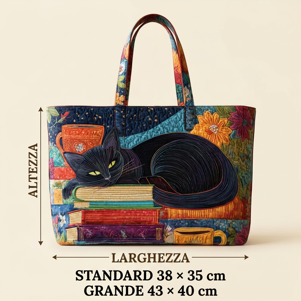 Borsa Donna con gatto nero, libri e tazze – Due Misure