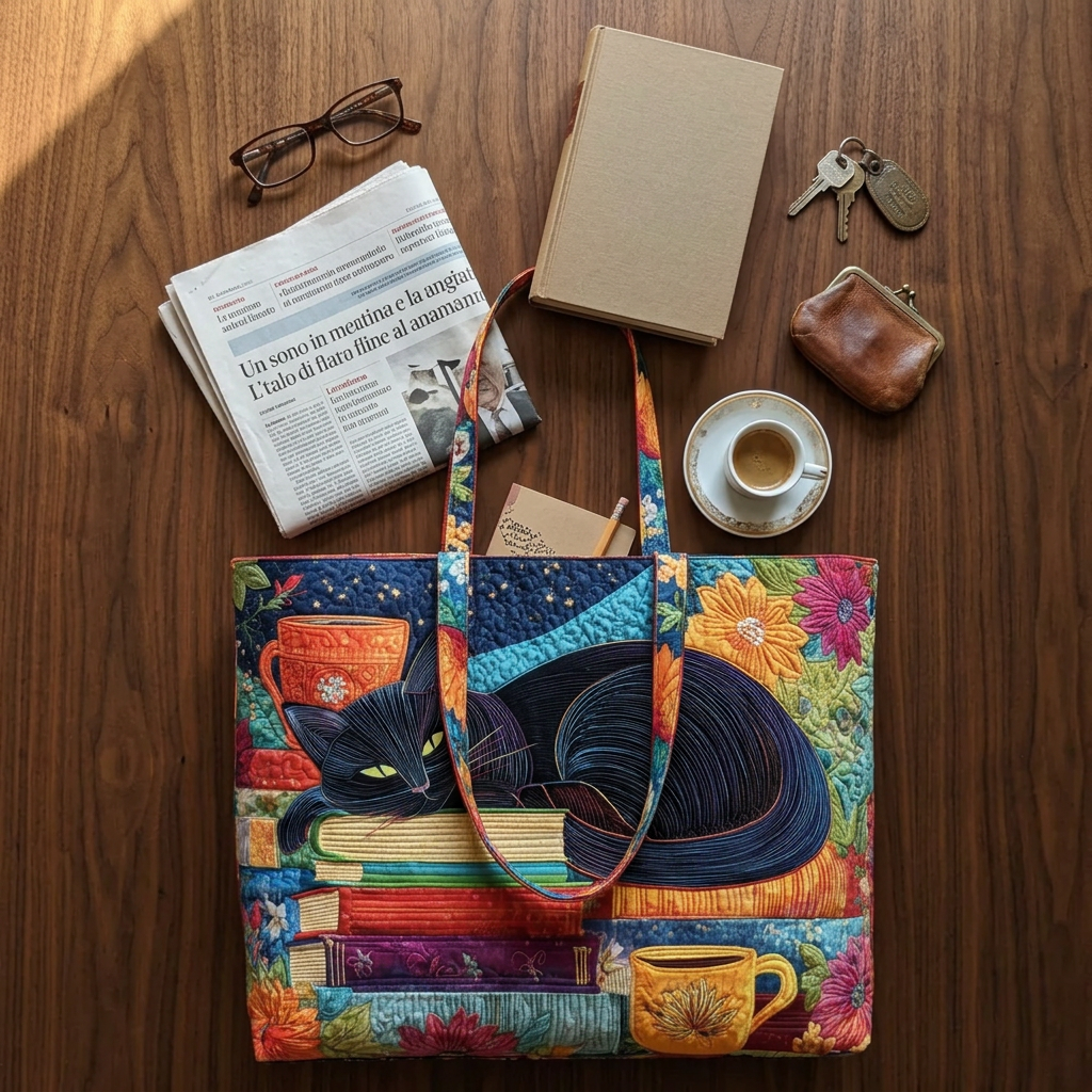 Borsa Donna con gatto nero, libri e tazze – Due Misure